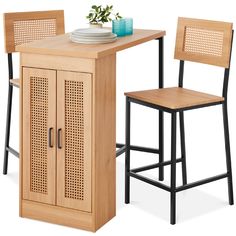 a table with two chairs and a cabinet next to each other on a white background