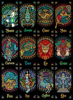 an image of zodiac signs in the style of stained glass window designs on black background