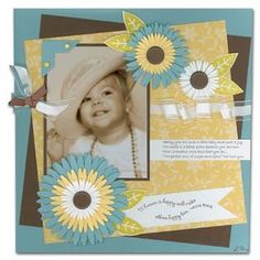 a scrapbook page with an image of a baby wearing a cowboy hat and sunflowers