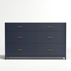 a blue dresser with gold handles and drawers on it's sides, against a white background