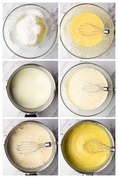 six images showing how to make the batter for cake