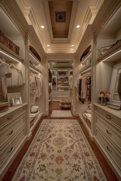 an elegant walk in closet with carpet and rug