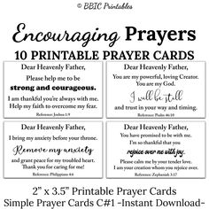 four printable prayer cards with the words, encouraging prayers and two different sayings