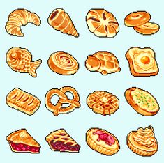 an image of different types of breads and pastries on a blue screen background