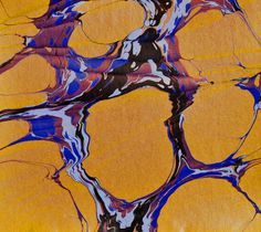 an abstract painting with blue, yellow and purple colors on it's surface is shown