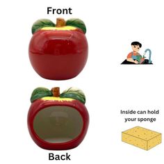 an apple shaped object with the words front and back on it's side, inside can hold your sponge