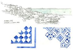 some blue and white designs are shown in this drawing