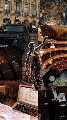 a collage of photos with people and vehicles in the background, including an image of a lady justice statue