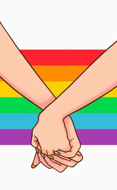 two people holding hands over each other in front of a rainbow colored background with the colors of gay pride