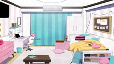 a cartoon bedroom with pink and blue furniture, striped walls, and a flat screen tv