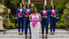 the bride and her bridal party are all dressed in blue