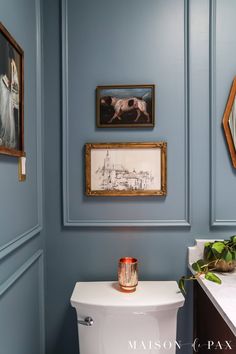 a bathroom with blue walls and pictures on the wall above the toilet, along with a potted plant