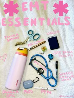 the contents of a personal care kit laid out on a bed with writing and scissors