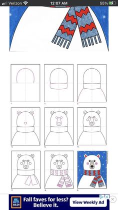 the instructions for how to draw a snowman hat and mittens with pictures on it