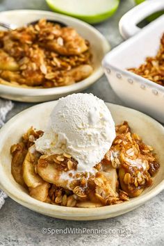 Juicy cinnamon spiced apples are baked under a crisp, buttery topping made with rolled oats, brown sugar, and pecans for homemade comfort at its best.