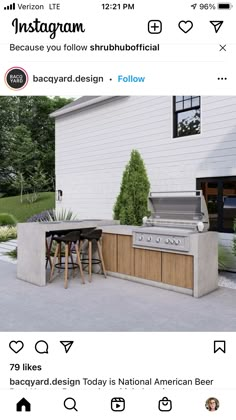 an outdoor kitchen with grill and bar stools next to it on instagramn