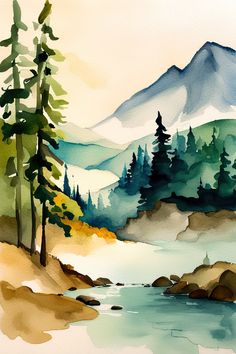 Cascade Mountains Scenic Watercolor Painting I Art Print Contemporary Nature Art, Large Watercolor Painting Ideas, Art Landscape Ideas, Watercolor Paint Night Ideas, Watercolor Colorado Mountains, Watercolor Of Water, Mountains And Water, Forest Scene Painting, Watercolor Hills