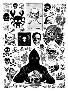 a black and white drawing of skulls, bones and a person with a hood on