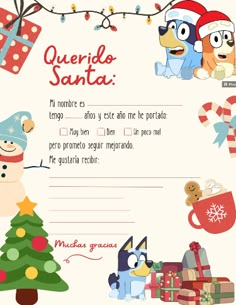 a christmas card with cartoon animals and presents on it's front page, which reads queriddo santa