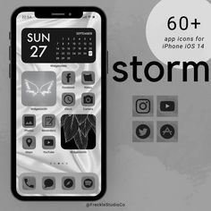 an iphone with the text, storm on it and icons displayed in front of it