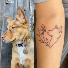 Dog tattoo with birth flower Dog And Flower Tattoo Minimalist, Flower Dog Tattoo Ideas, Tattoo Ideas About Your Dog, Dog Tattoo Ideas With Flowers, Memorial Animal Tattoos, Dog Silhouette Tattoo With Flowers, Memorial Tattoo Ideas For Friend, Lab Fine Line Tattoo, Dog And Plant Tattoo