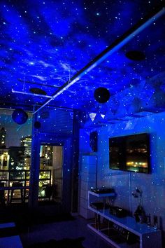 the ceiling is covered in blue lights and there are no stars on it as well