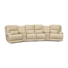 the reclining sectional sofa is shown with two seats and one arm rests on it's back