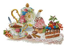 the cross stitch pattern shows a tea set with cake and cupcakes on it