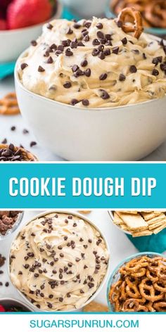 this cookie dough dip is so good it's loaded with chocolate chips and pretzels