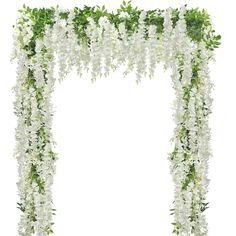 white flowers and greenery are hanging from the top of an arch on a white background