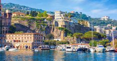 boats are docked in the water next to buildings on a hill side with trees and bushes