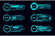 the different types of labels and stickers in neon blue on a dark background with arrows