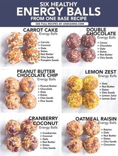 six healthy energy balls are shown in this poster, with information about the different flavors