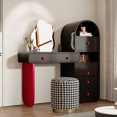 a black and white checkered ottoman sits in front of a desk with a mirror on it