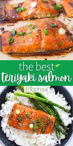 the best teriyaki salmon recipe with white rice and asparagus on top