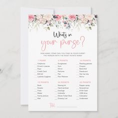 Blush Floral What's In Your Purse Bridal Game Card Editable Blank Purse Game, Bridal Games, Whats In Your Purse, Baby Shower Decor, Perfect Baby Shower, Cute Games, Game Card, Shower Decor, Sewing Kit