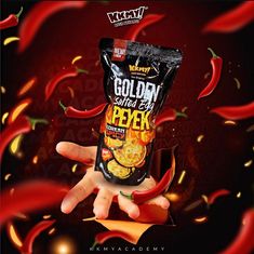 a hand holding up a bag of golden chili chips with red peppers around it on a black background