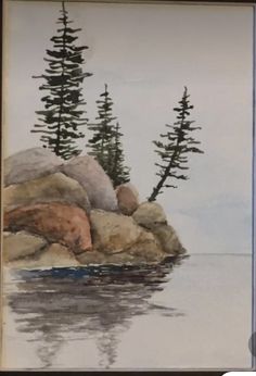 a painting of trees and rocks in the water