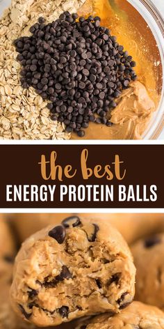 the best energy oatmeal balls in a glass bowl with chocolate chips and peanut butter