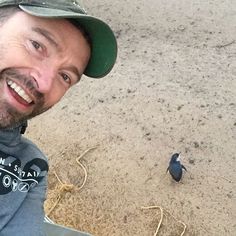 a man is smiling next to a small bird on the ground with caption that reads, the huge jackman i know, my selfie skills are terrible but just look at this baby penguin and everything