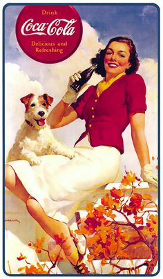 an advertisement for coca cola featuring a woman with a dog on her lap and the caption, delicaious and refreshing