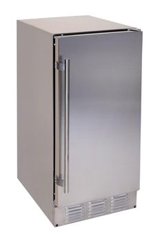 a silver refrigerator freezer sitting on top of a white floor