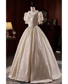 Get 10% off now! Buy ivory vintage ballgown wedding dress vneck with short sleeves at cheap price online. Free stable shipping and pro custom service since 2009. Ball Gown Wedding Dress With Puffy Sleeves, 1850s Wedding Dress, Vintage Wedding Dress Ballgown, Ballgown Corset Wedding Dress, Classic Victorian Wedding Dress With Fitted Bodice, Elegant Short Sleeve Wedding Ball Gown, Elegant Short Sleeve Gown For Debutante Ball, Short Sleeve Victorian Wedding Dress, Elegant White Victorian Dress With Short Sleeves