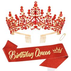 PRICES MAY VARY. 【👑PERFECT BIRTHDAY PARTY SET】: You will receive 1 piece sparkling crystal birthday tiara + 1 piece glittery "BIRTHDAY QUEEN" birthday sash + a safety pin. This will make your or her birthday a special and memorable one! 【👑 CRYSTAL CROWN HEADWEAR】: Birthday crown is 6.8 inches in diameter and 2.2 inches in height, suitable for both children and adults. Crystal crown with tiny sparkling rhinestones skillfully set on it, gorgeous and brilliant. Two combs at the end of the birthda Royal Fiveness, Red Tiara, Queen Sash, Crowns For Women, Crystal Birthday, Quinceanera Crown, Crystal Princess, Quince Stuff, Queens Tiaras