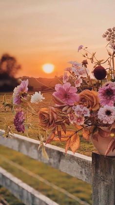 a vase filled with lots of flowers sitting on top of a wooden post near a field