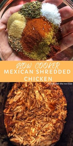 mexican shredded chicken in a slow cooker with spices and seasoning on the top