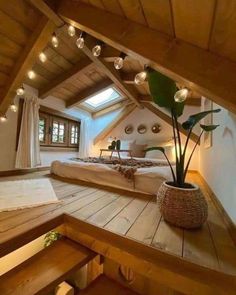 there is a bed in the attic with lights hanging from it's ceiling and a plant on the floor