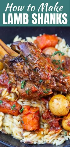 a plate with lamb shanks, potatoes and carrots in sauce on top of it