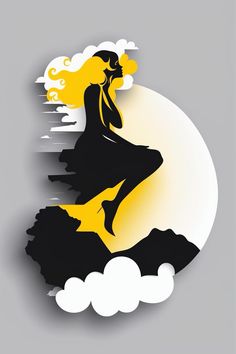 the silhouette of a woman sitting on top of a mountain with clouds in front of her