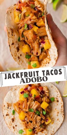 These adobo flavored vegan jackfruit tacos with mango salsa will become your new go to favorite dinner. The jackfruit meat is cooked in a savory adobo sauce with tomatoes and spices until perfectly tender then scooped into charred tortillas and topped with a zesty mango salsa. Easy + Delicioso! Chef’s kiss! Jerk Jackfruit Tacos, Jackfruit Meat, Mango Salsa Easy, Mango Tacos, Salsa Easy, Veggie Society, Tacos With Mango Salsa, Vegan Jackfruit, Jackfruit Tacos